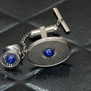 Vintage Silver Tone‎ Tie Tack Clutch Pin & Cufflink with Blue Textured Detailing